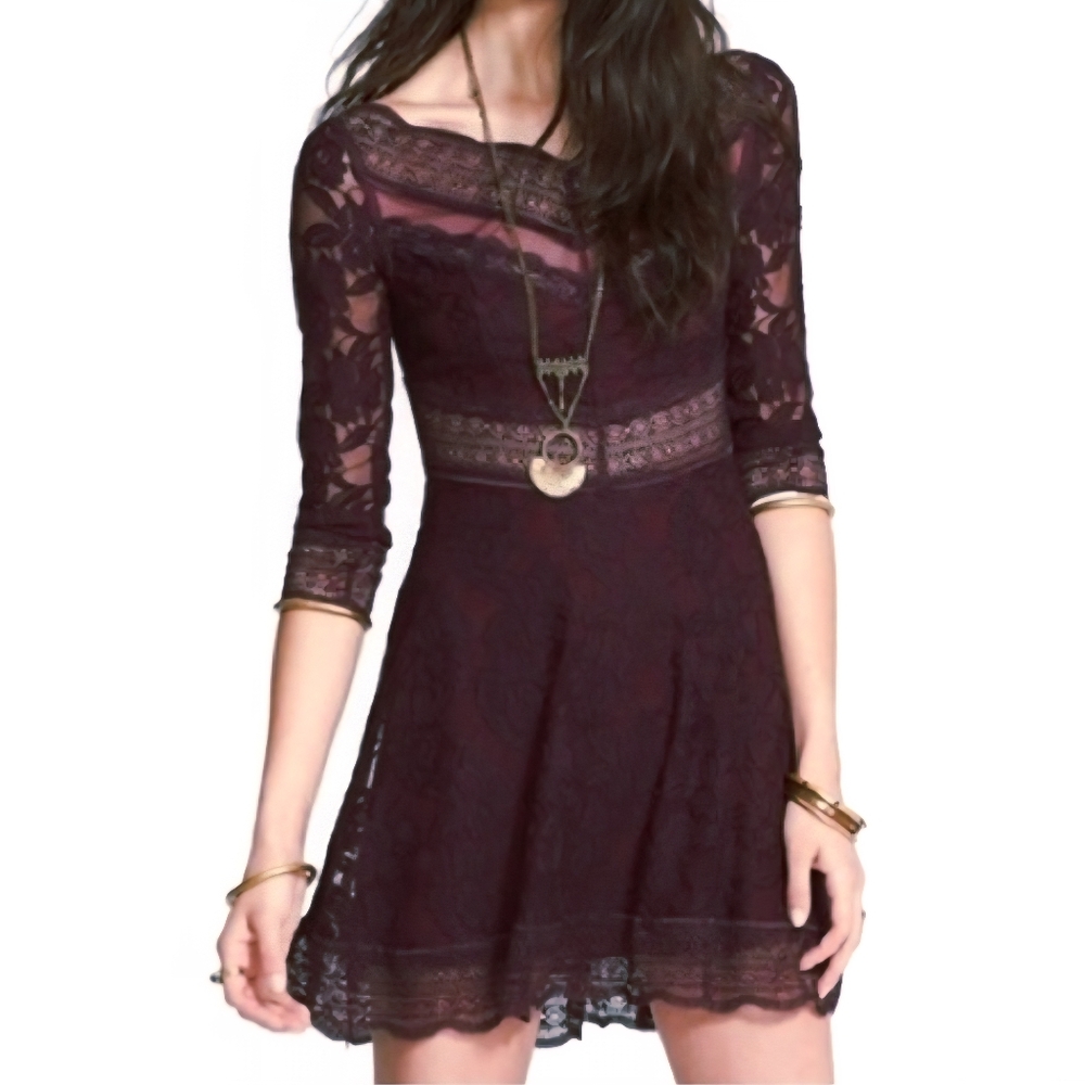 Free People Lace Burgundy Party Event Dress Peekaboo Lace Cocktail Sz M